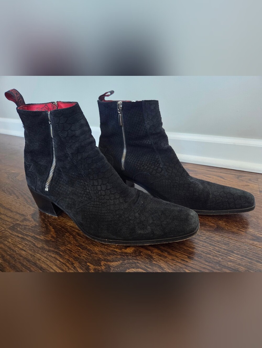 Jeffery West "Muse" Mens Black Suede Snakeskin Texture Ankle Boots Side Zips